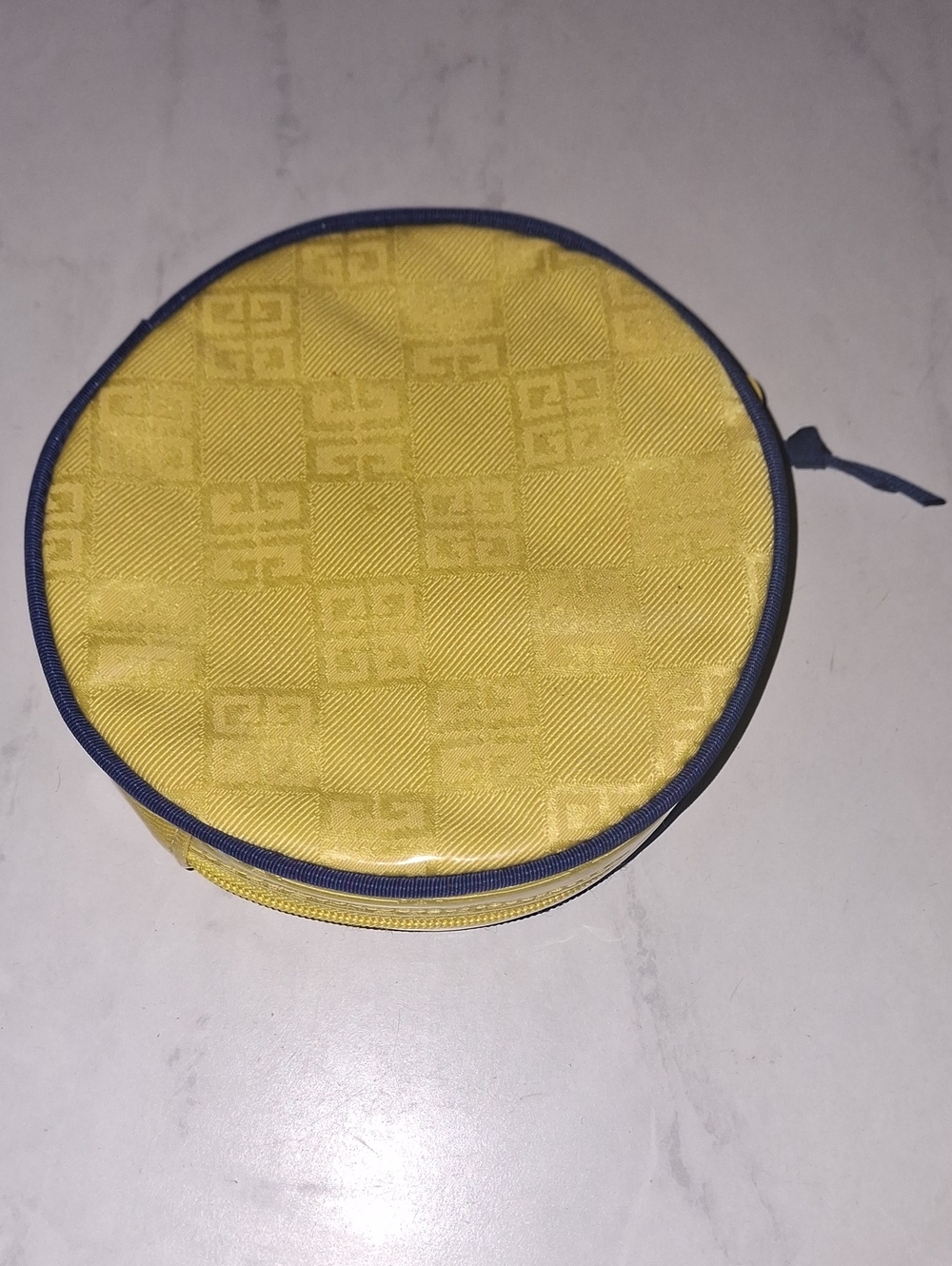 Amarige de Givenchy Vintage round yellow and navy cosmetic zip pouch